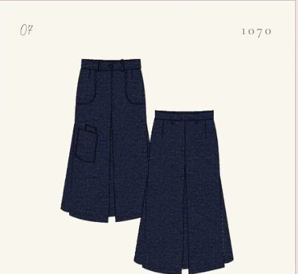 Pleat front denim midi skirt — front & back